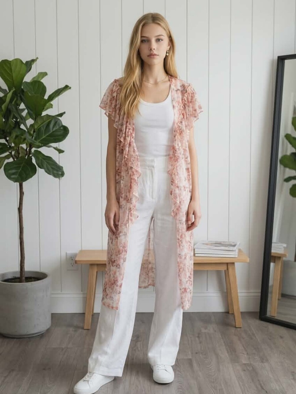 Light Pink Floral Sheer Duster Kimono - Women
